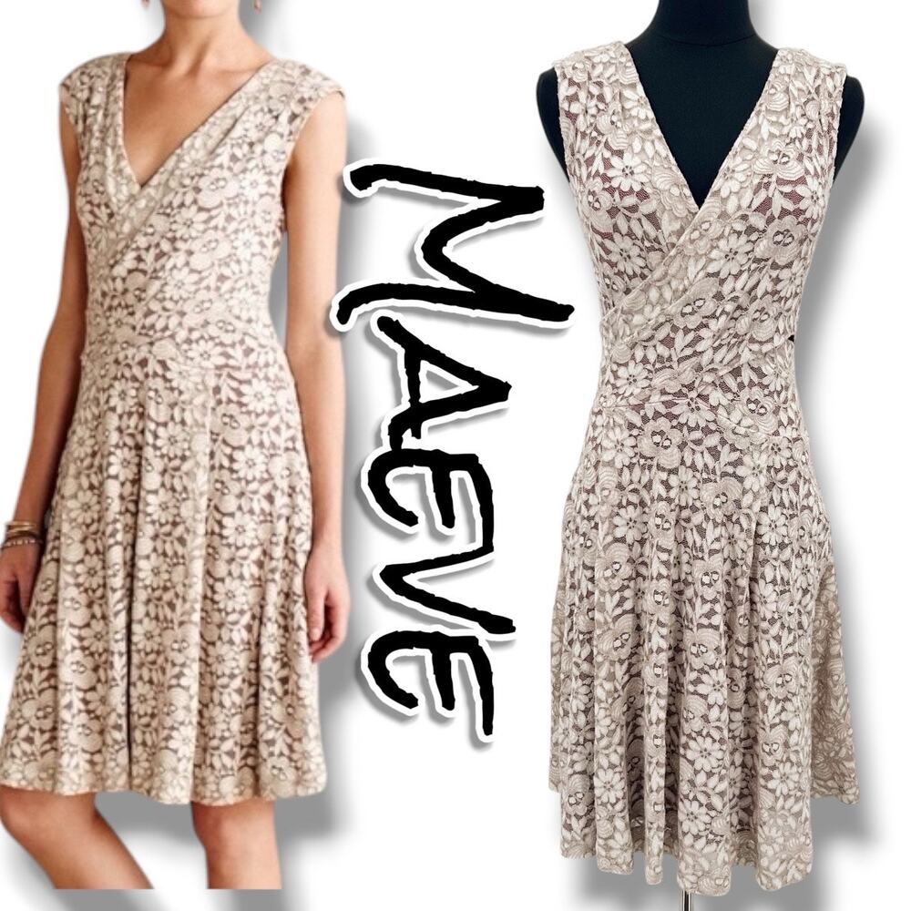 Maeve Anthropologie Lace Surplice Fit Flare Dress Cream Nude XS Event Romantic